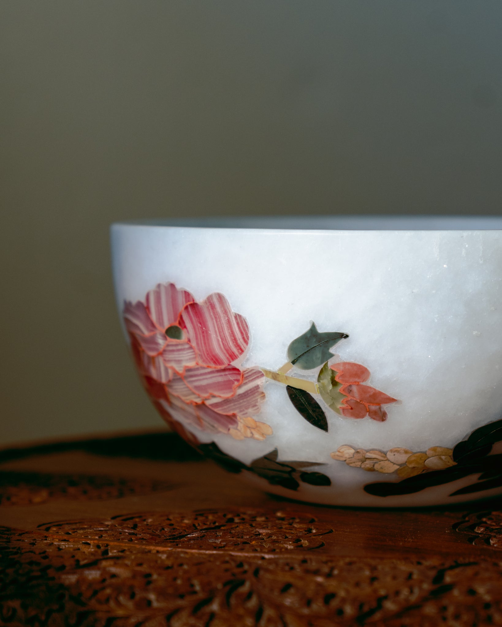 White Makrana Marble Yellow and Pink Floral Inlay Bowl