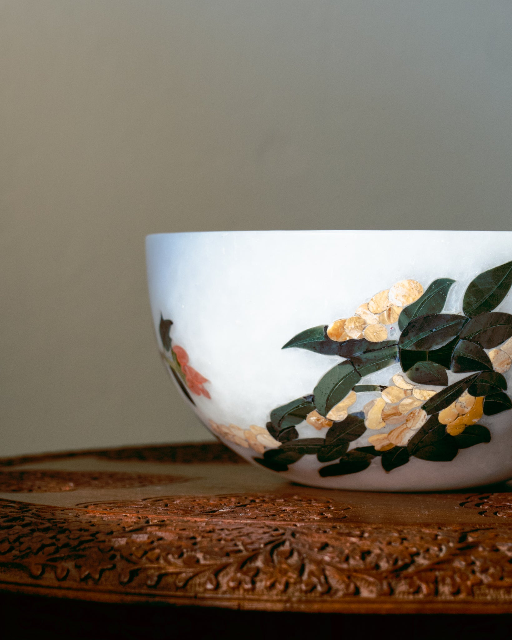 White Makrana Marble Yellow and Pink Floral Inlay Bowl