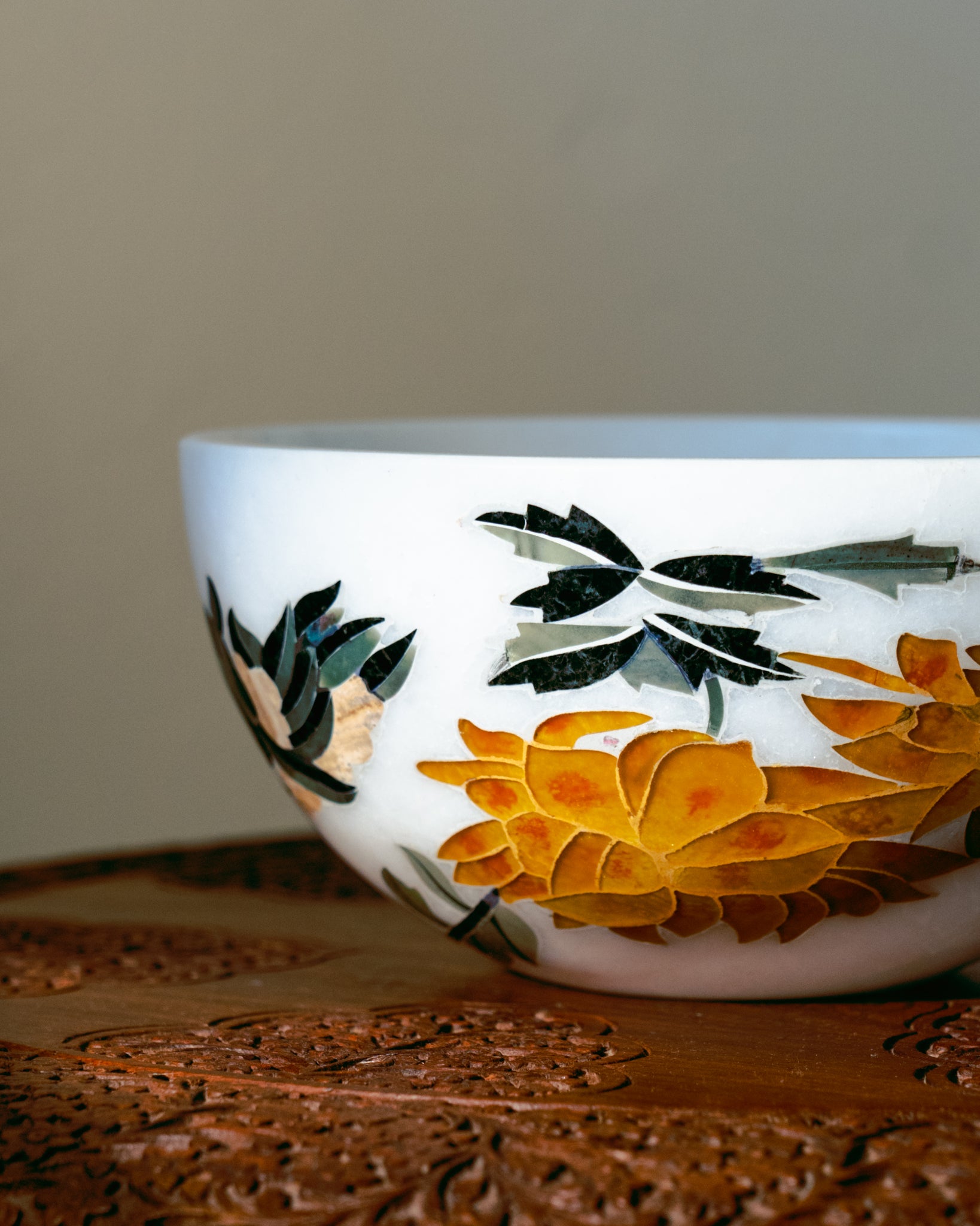 White Makrana Marble Yellow and Purple Floral Bowl 