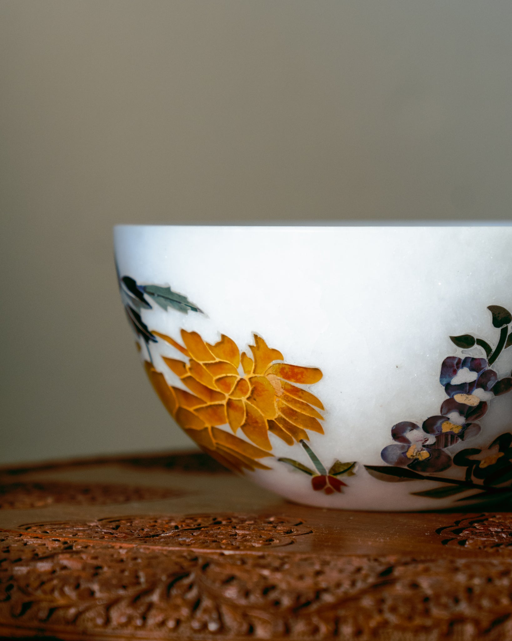 White Makrana Marble Yellow and Purple Floral Bowl