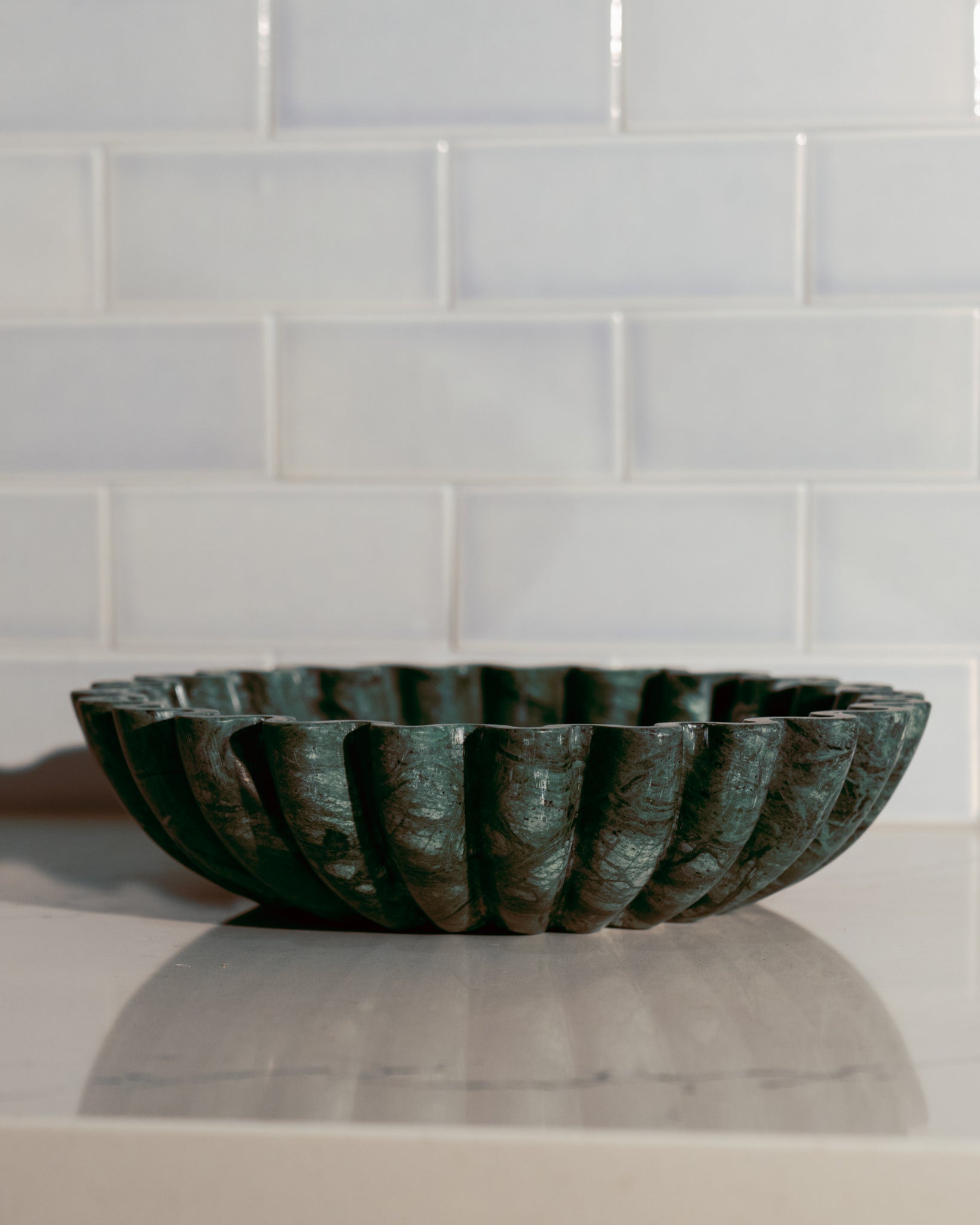 Fluted Forest Green Marble Bowl