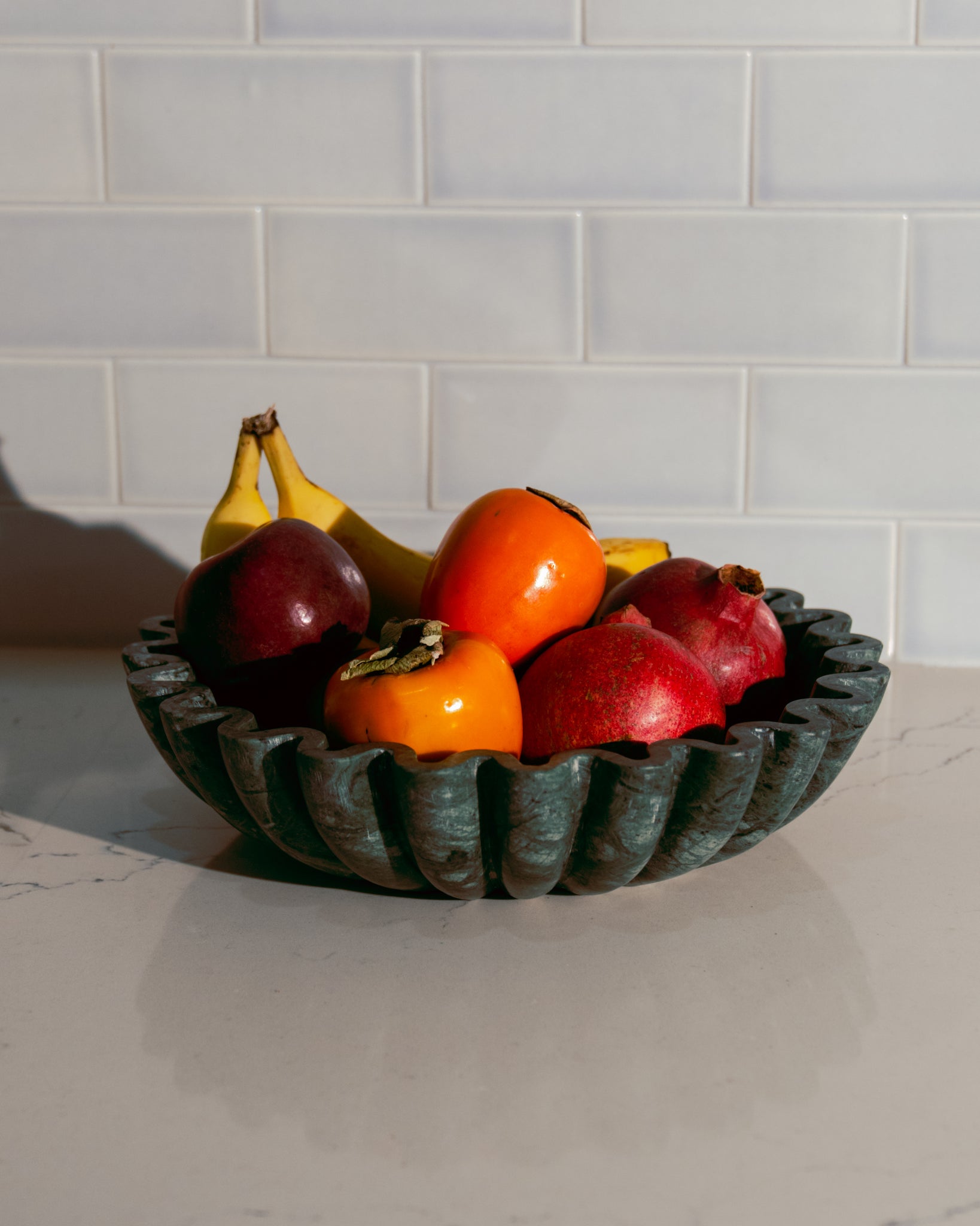 Fluted Forest Green Marble Bowl