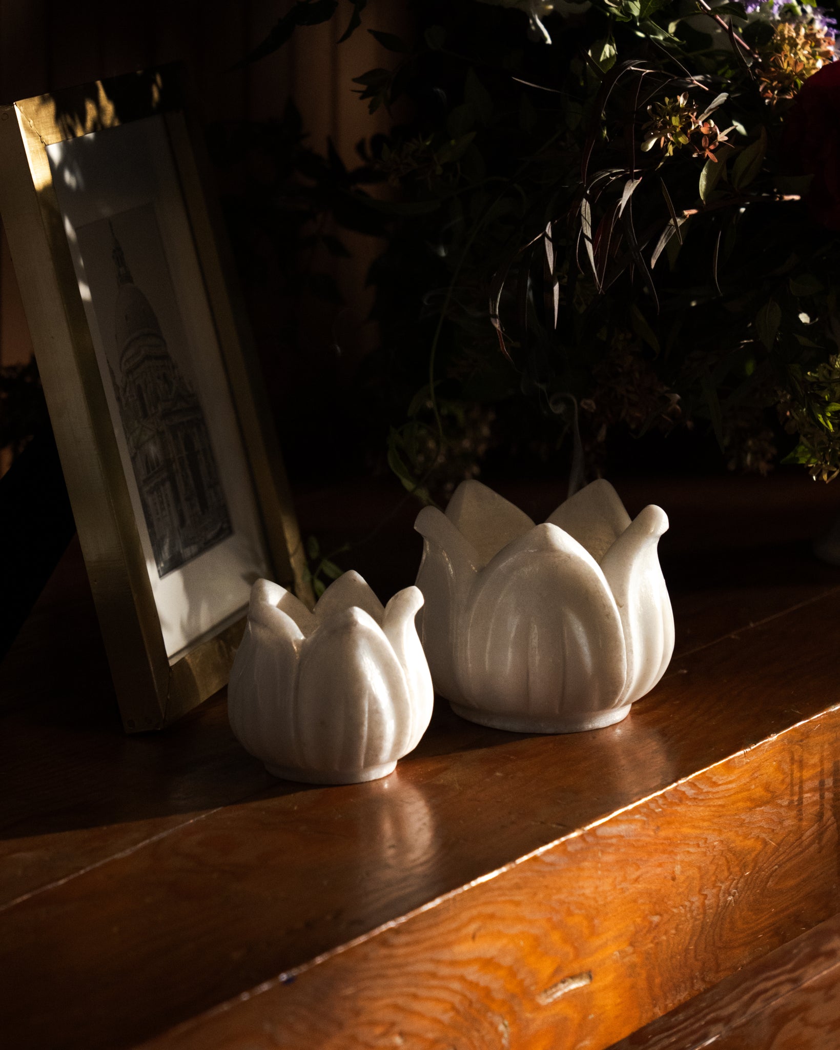 Hand-Carved White Makrana Marble Tulip Candleholders