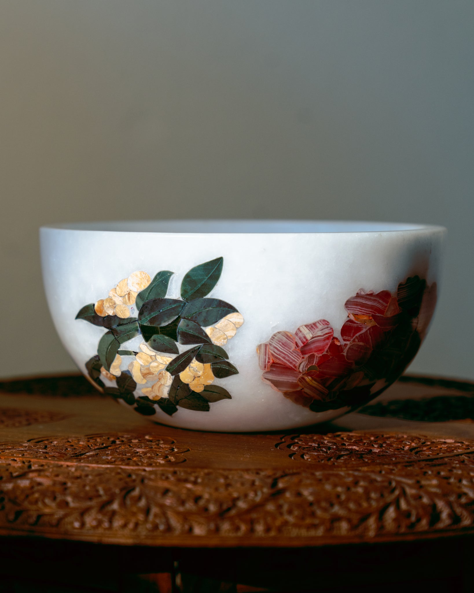 White Makrana Marble Yellow and Pink Floral Inlay Bowl
